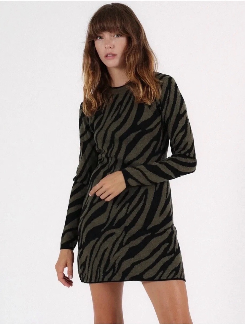 Pam & Gela Zebra Silk Blend Green Black Sweater Dress-Large